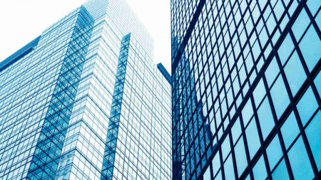 Close up of blue buildings